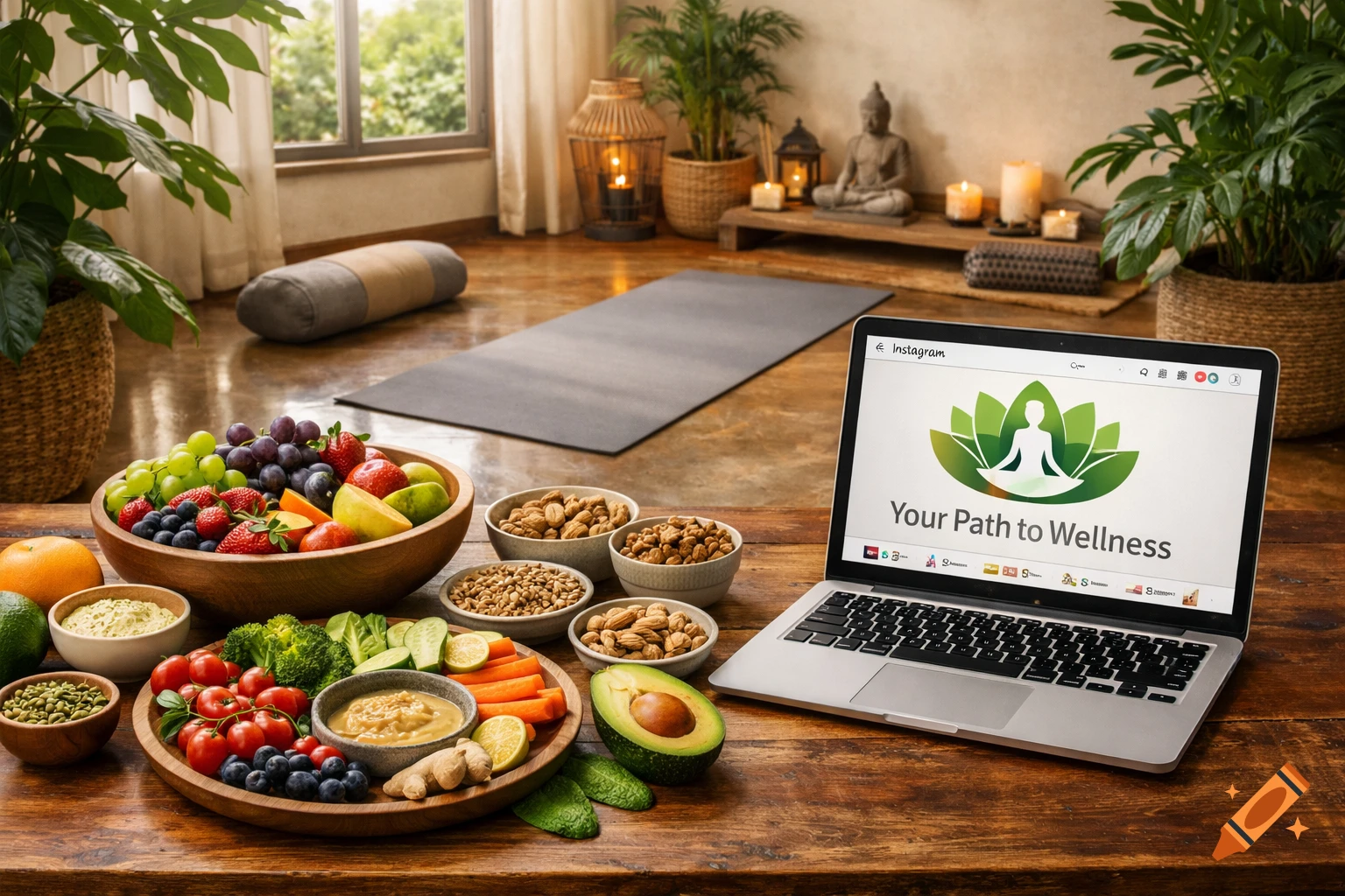 A yoga room with a meditation mat and props, a table filled with healthy fruits, vegetables, nuts, and a laptop showing a wellness logo.