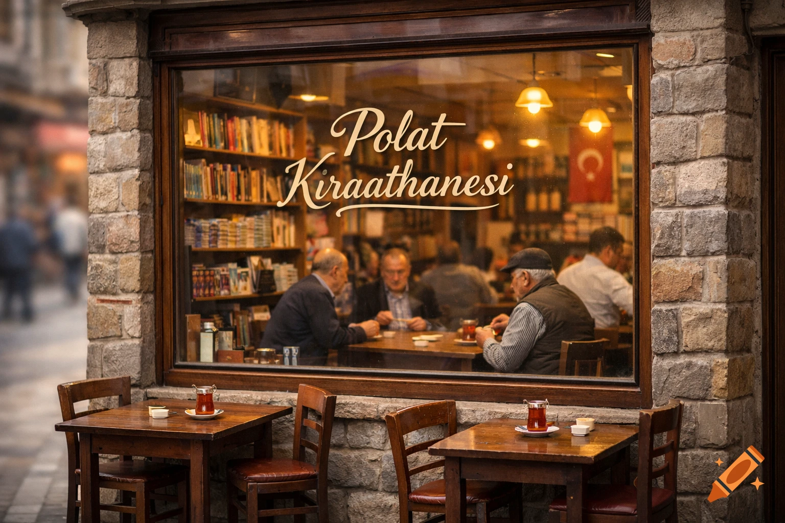 Photorealistic view of the Polat Kıraathanesi, a Turkish cafe, with men inside and outdoor tables with tea glasses.