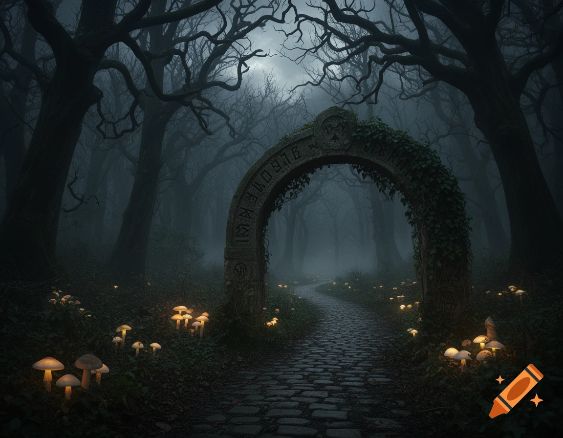 A dark, misty forest path leads through an ancient stone arch covered in ivy, flanked by glowing mushrooms and gnarled trees.