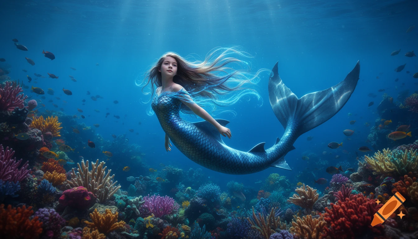 A hyperrealistic digital painting of a beautiful teenage mermaid with flowing hair and a blue shark tail swimming in a vibrant coral reef.