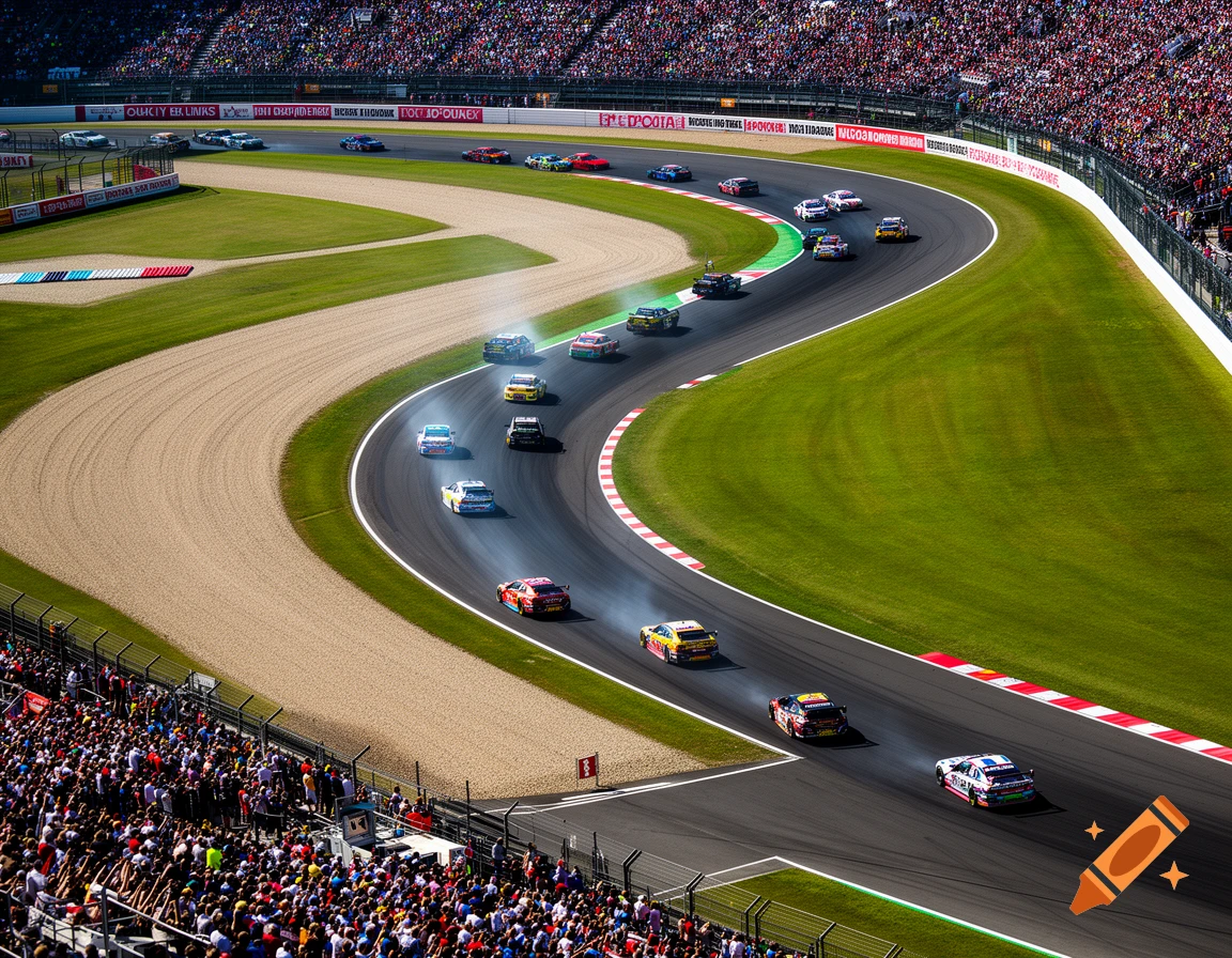 An aerial view of a crowded race track with multiple race cars speeding around a winding turn.