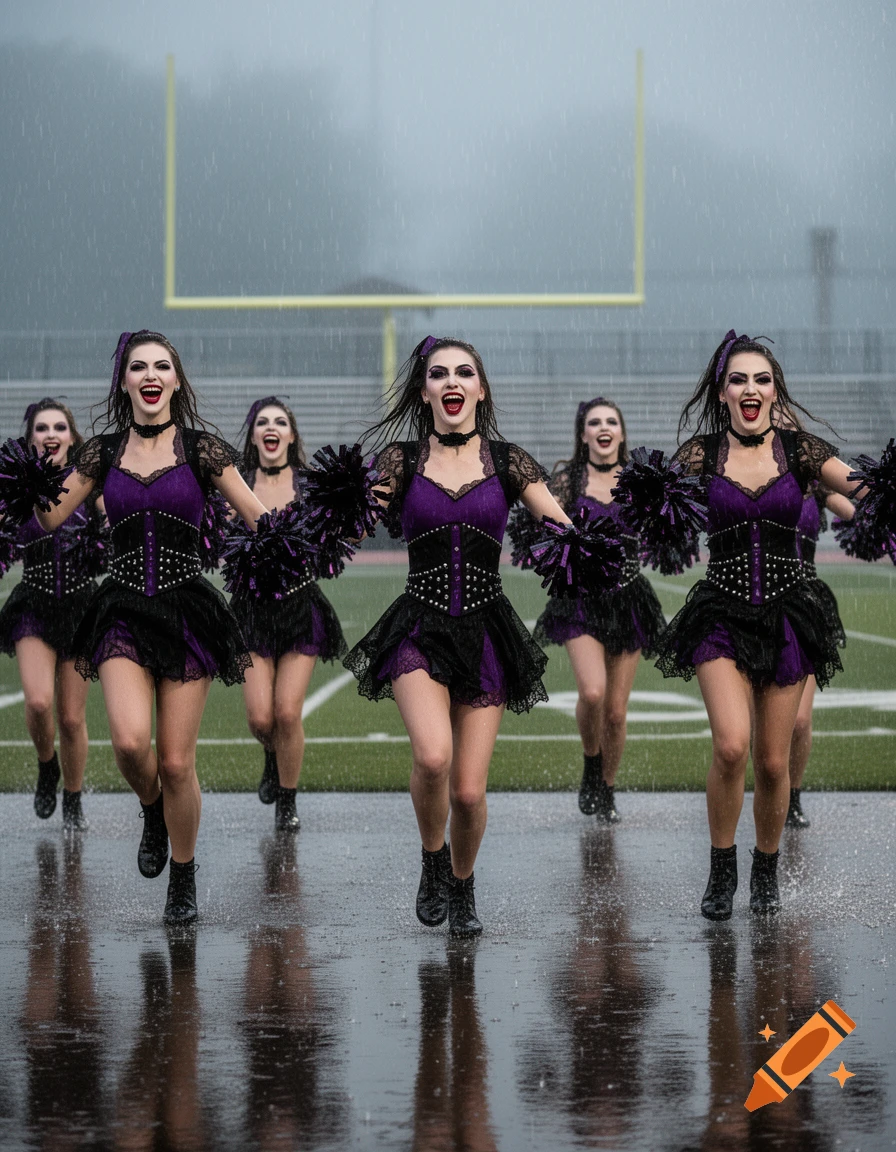 Several goth cheerleaders in purple and black outfits running on a rainy football field with a goalpost in the background.