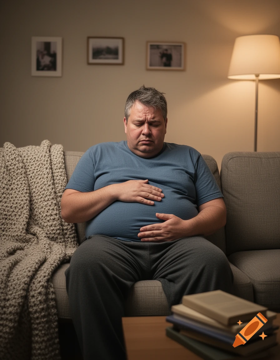 A man with a stomach ache sits on a couch, holding his stomach in a dimly lit living room.