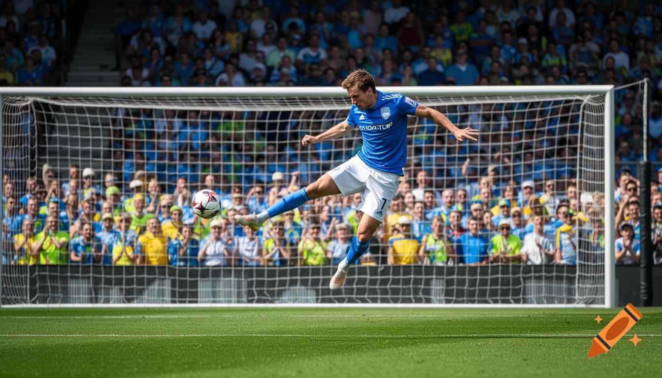 Photorealistic image of a male soccer player in a blue jersey kicking a ball into a goal in a stadium with a crowd.