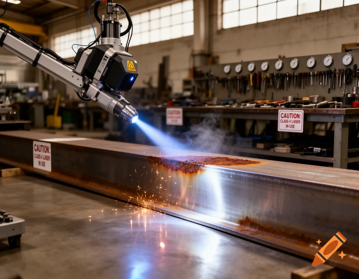 Robotic arm uses a blue laser to clean rust off a metal beam in an industrial setting, sparks flying.