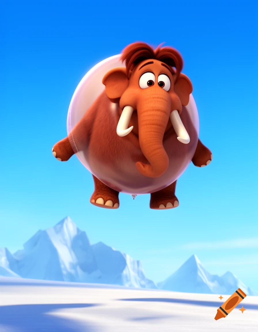 A cartoon mammoth inflated like a balloon floats over snowy mountains ...