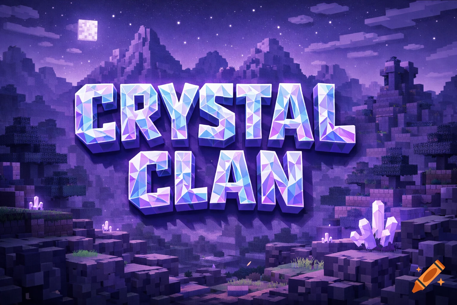 Crystalline 'CRYSTAL CLAN' text in a purple, pixelated Minecraft landscape with mountains and glowing crystals under a blocky moon.