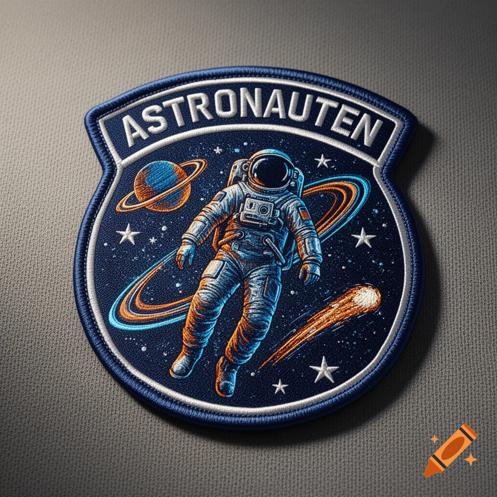 Embroidered patch featuring an astronaut floating in space with a planet and comet, reading 'ASTRONAUTEN'.