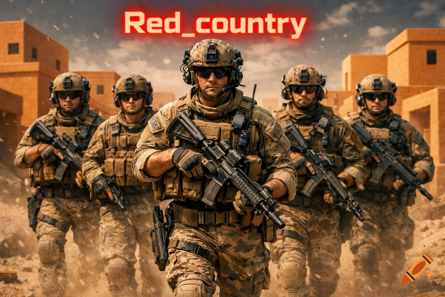 A squad of five modern desert soldiers in tactical gear with 'Red_country' text above them, walking forward in an action movie style.