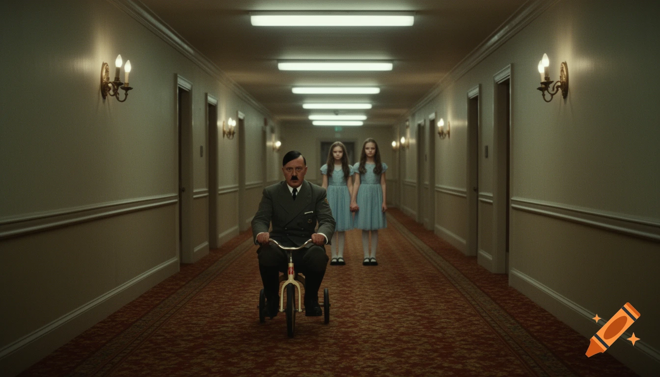 Adolf Hitler rides a tricycle down a long hotel hallway with two creepy twin girls standing in the distance, parodying The Shining.