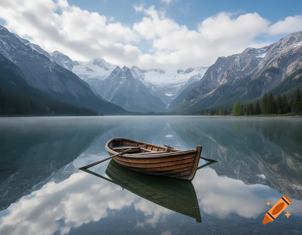 A wooden rowing boat floats on a calm, misty mountain lake reflecting snow-capped peaks under a cloudy sky.