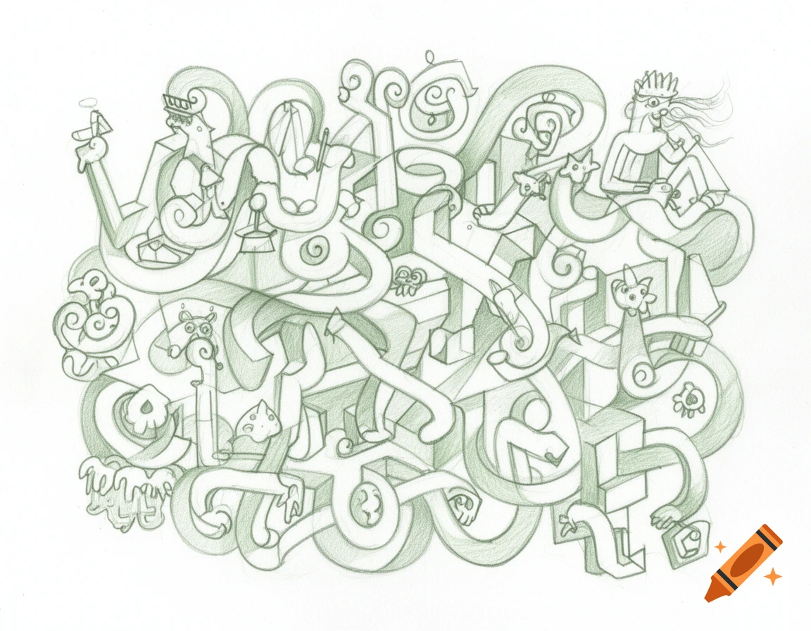 A complex, Escher-inspired pencil drawing with interlocking abstract forms and stylized figures in light green on white.