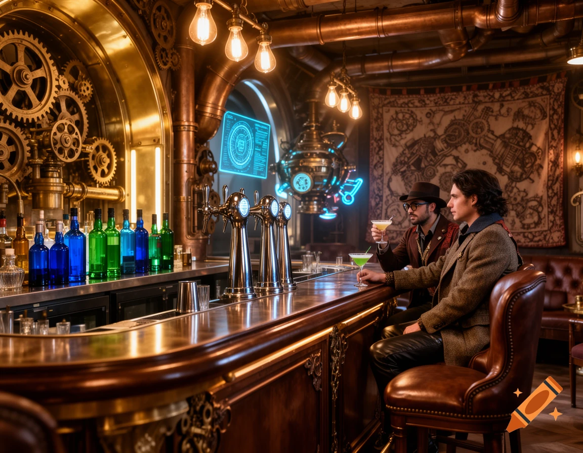 Two men sit at a polished wooden bar in a richly decorated steampunk lounge with glowing gears and ornate brass fixtures.
