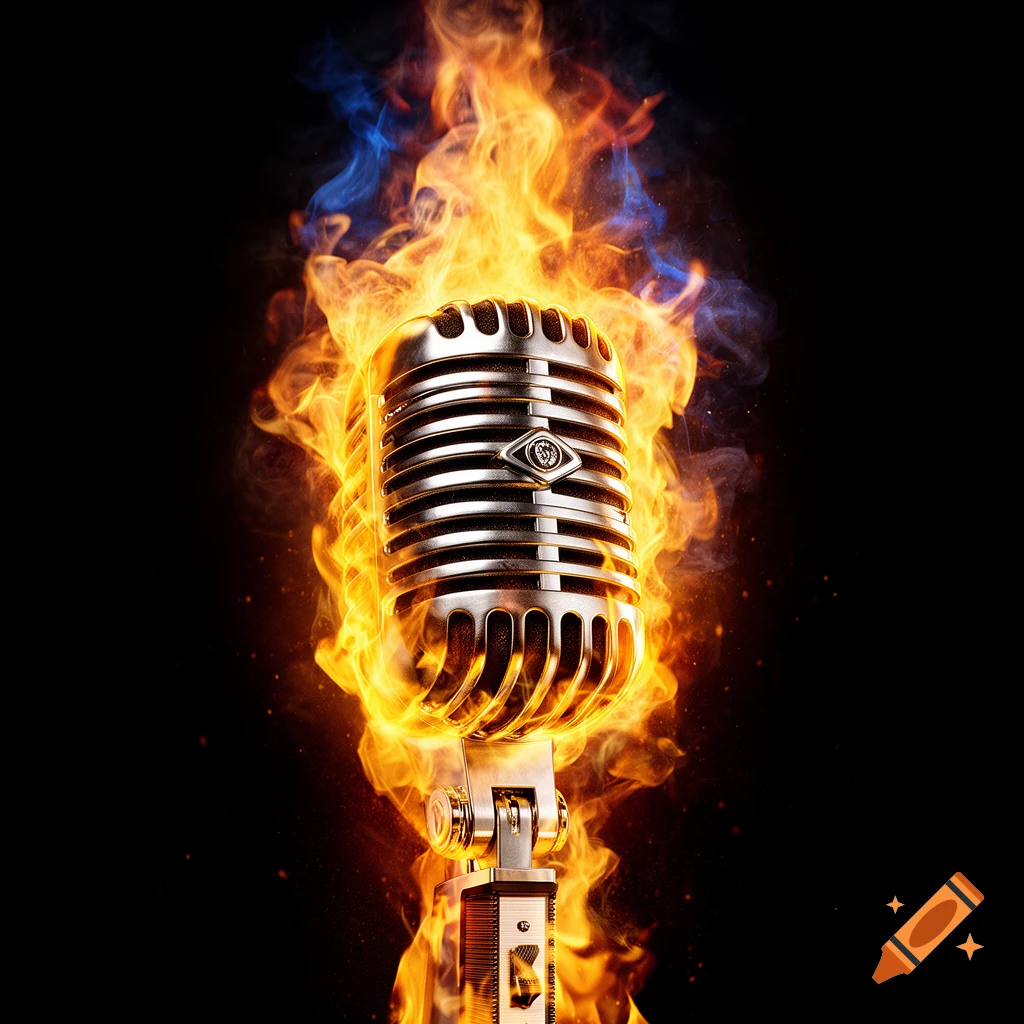 A metallic vintage microphone engulfed in vibrant orange and blue flames on a dark black background.