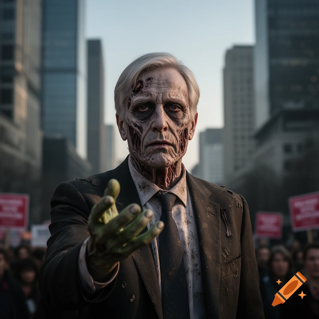 A photorealistic image of an elderly man with zombie-like decay on his face and neck, wearing a dirty suit, extending a green-tinged hand forward in a city street, with blurred city buildings and a crowd in the background.