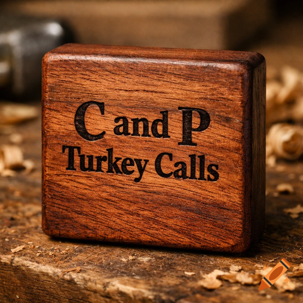 Close-up of a dark wooden block engraved with "C and P Turkey Calls", resting on a rustic wooden surface with wood shavings.