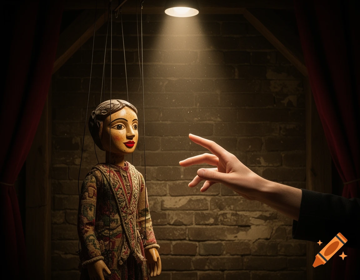 Photorealistic image of a wooden puppet on a dark stage, illuminated by a spotlight, as a human hand reaches toward its head.