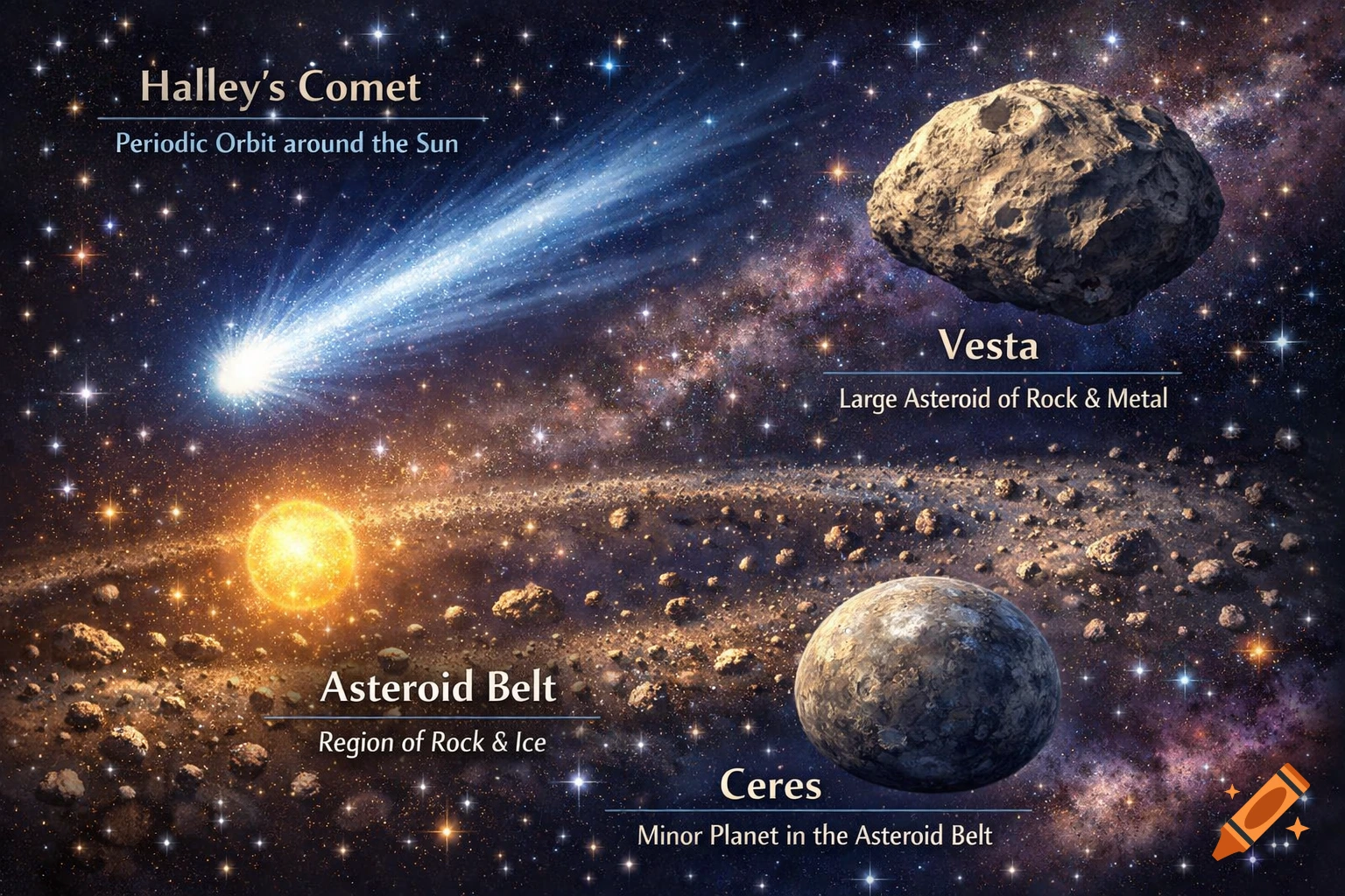 A cosmic illustration showing Halley's Comet, an asteroid belt with the sun, and labeled Vesta and Ceres.