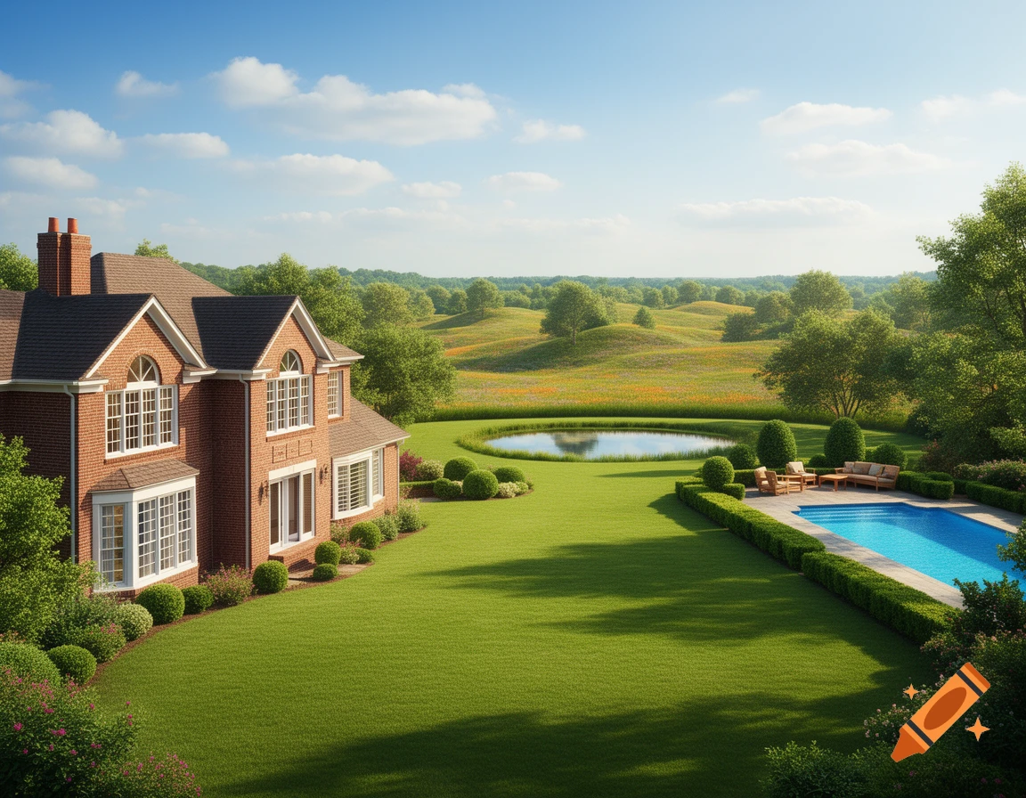 A large brick house with a manicured green lawn, a blue swimming pool, a pond, and rolling hills under a blue sky.