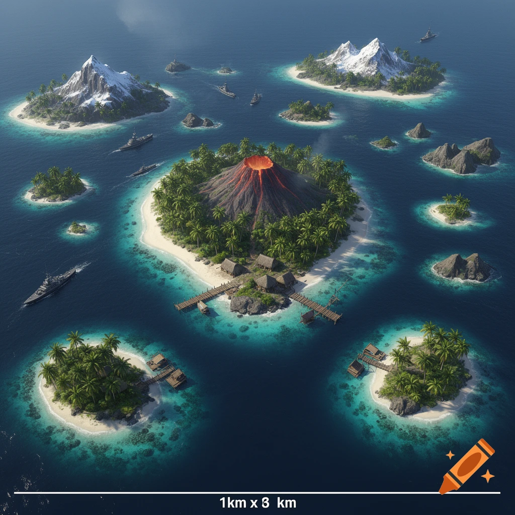 A top-down, hyperrealistic view of a tropical archipelago game map with a central volcanic island, snowy islands, beaches, clear turquoise water, and naval warships.