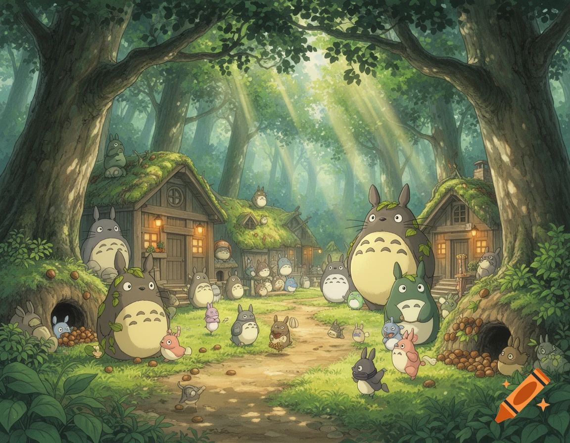 A vibrant, charming illustration of a forest village populated by various Totoro characters in a classic Ghibli style.