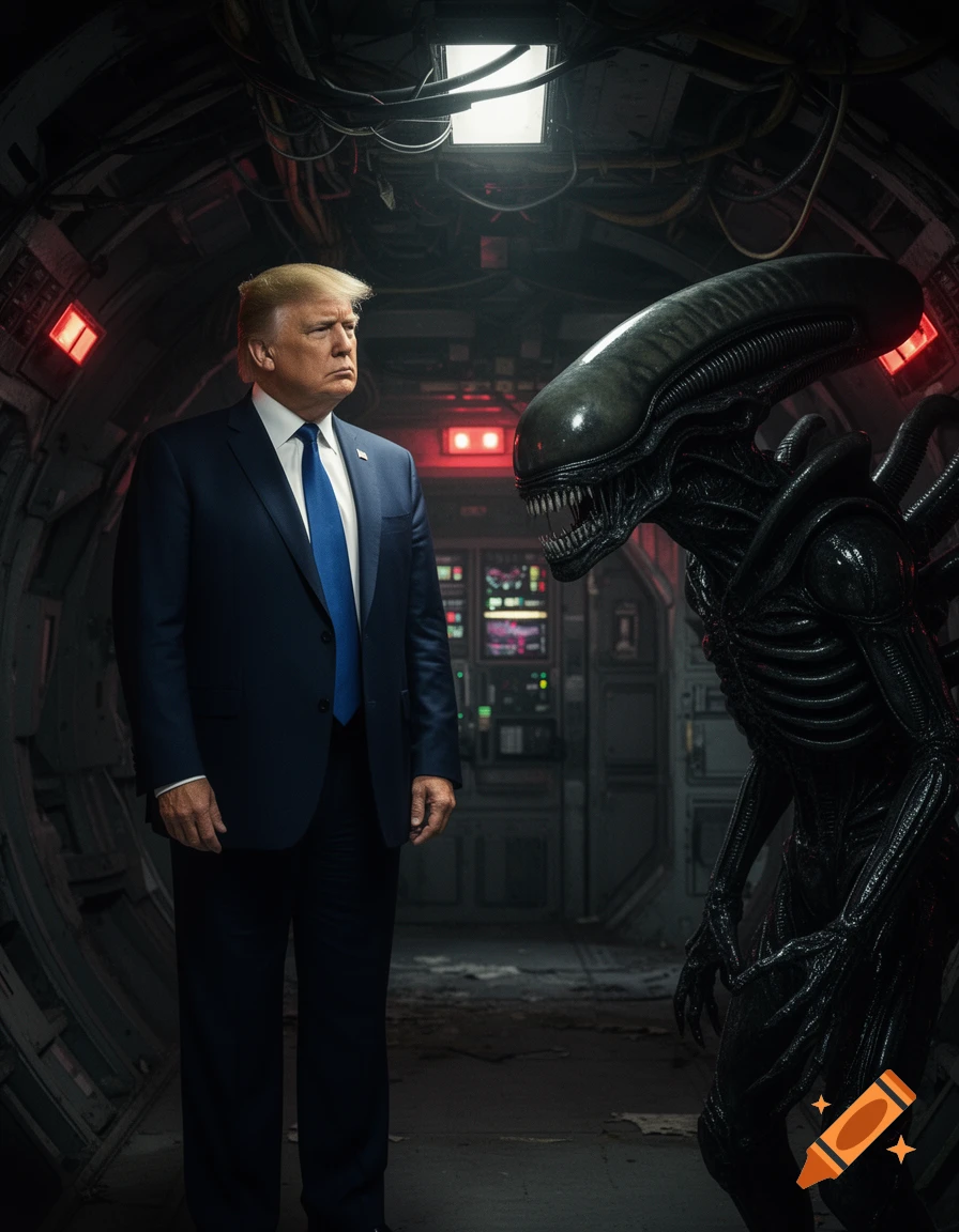 Photorealistic image of Donald Trump in a suit looking at a Xenomorph alien inside a dark spaceship.
