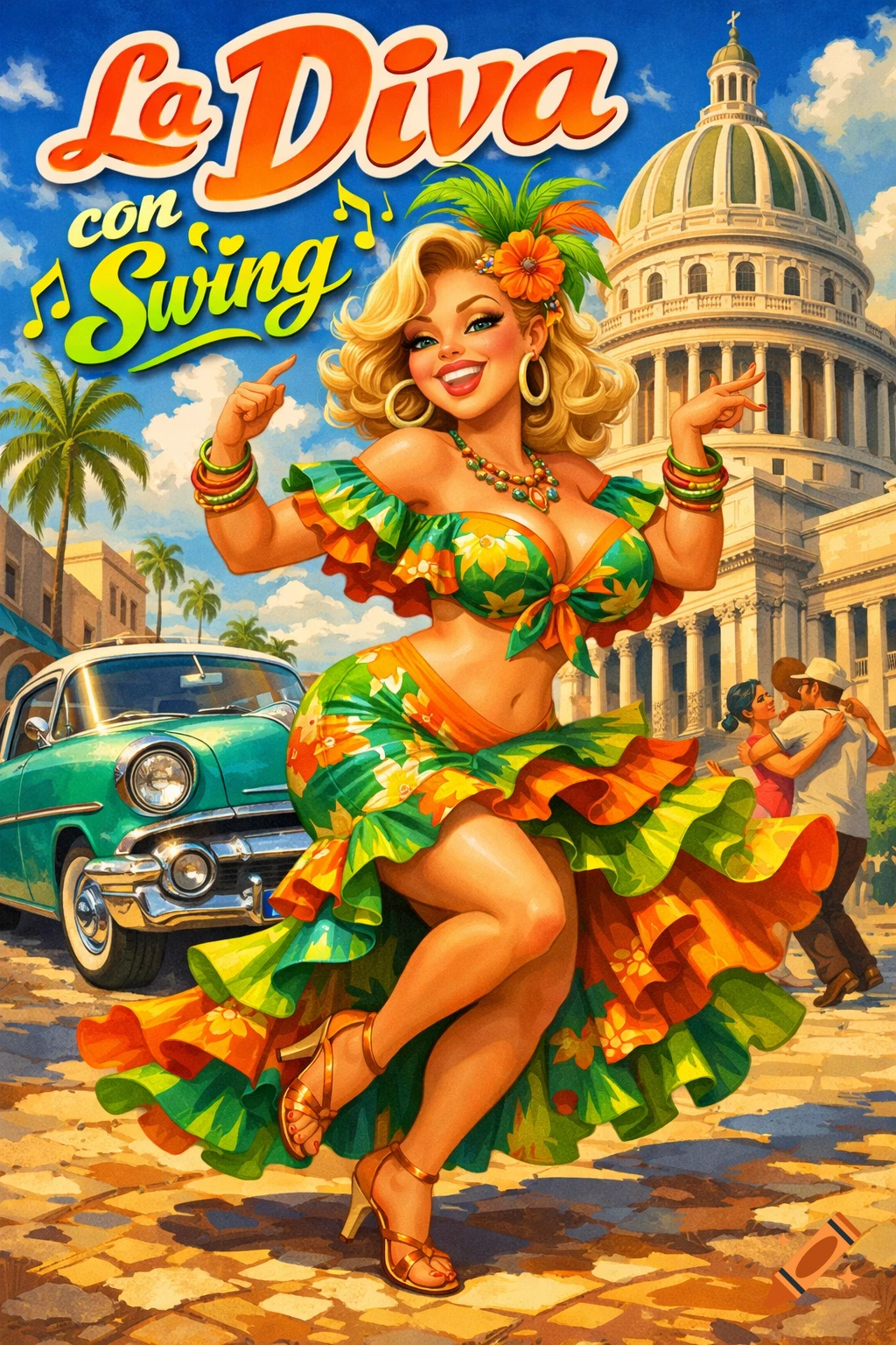 Cartoon of a blonde Cuban dancer in a tropical outfit, dancing in Havana with an Oldsmobile and El Capitolio. Text "La Diva con Swing".