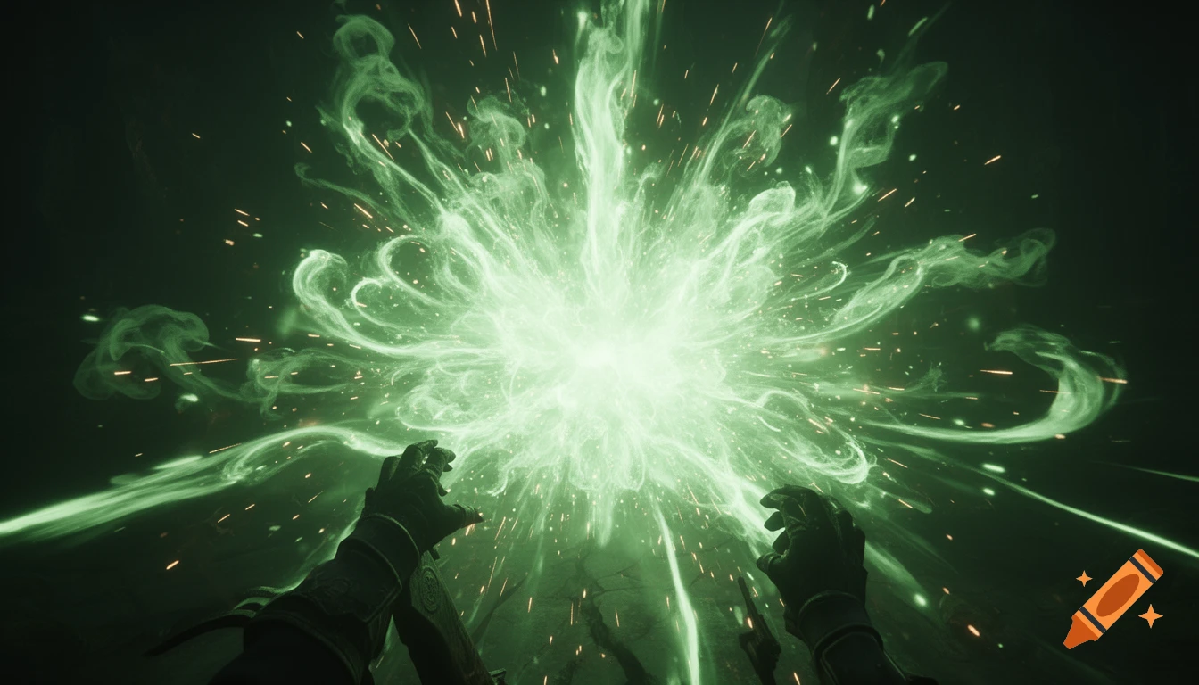 First-person view of hands reaching towards a bright green magical energy explosion with swirling smoke and sparks.