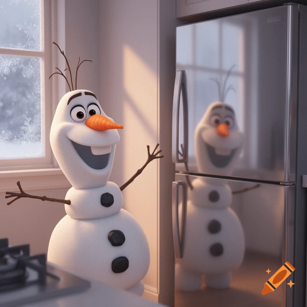 Olaf the snowman smiles in a kitchen, looking at his reflection in a stainless steel fridge next to a frosted window.