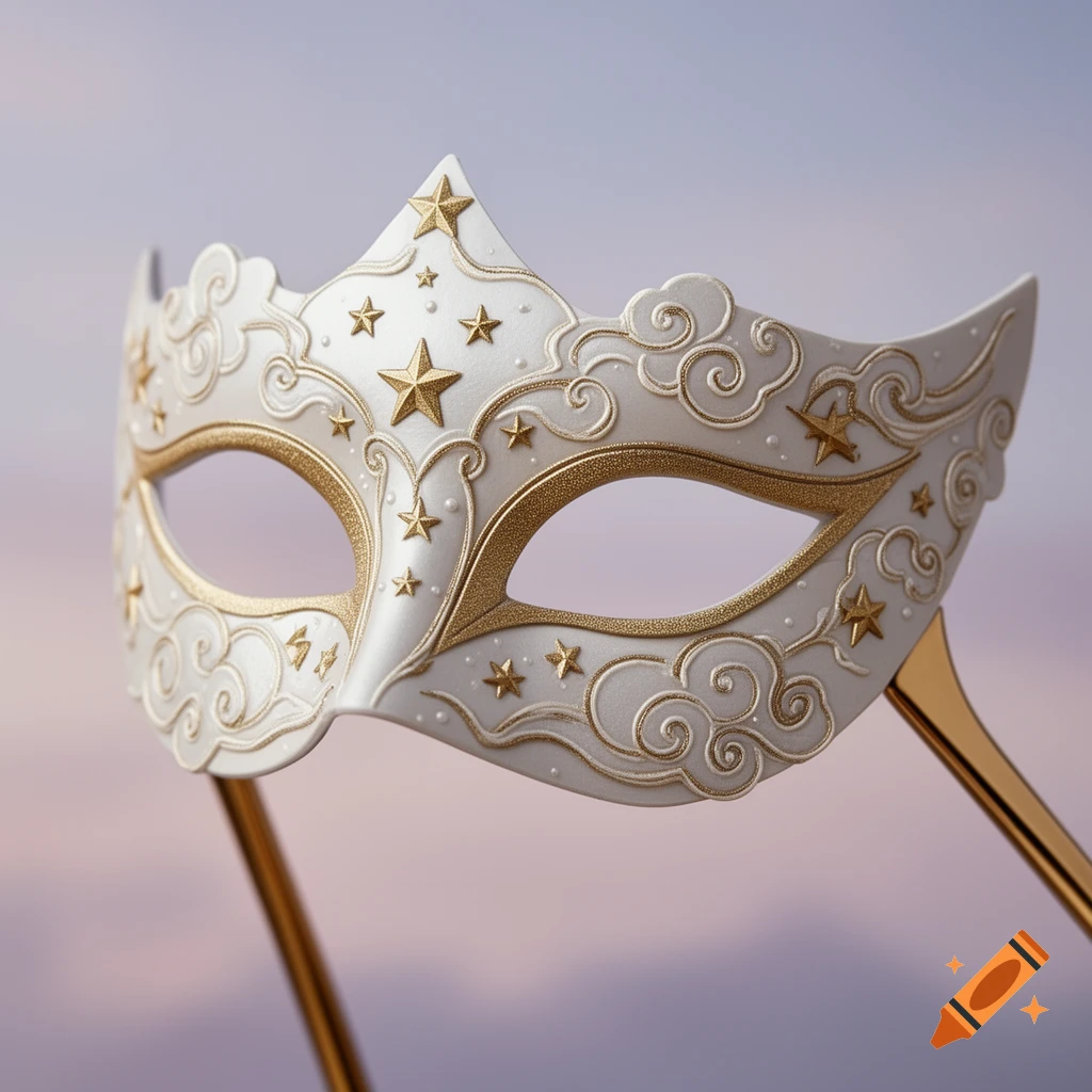A white and gold masquerade mask, decorated with stars and swirls, on a holding stick against a blurred pastel background.