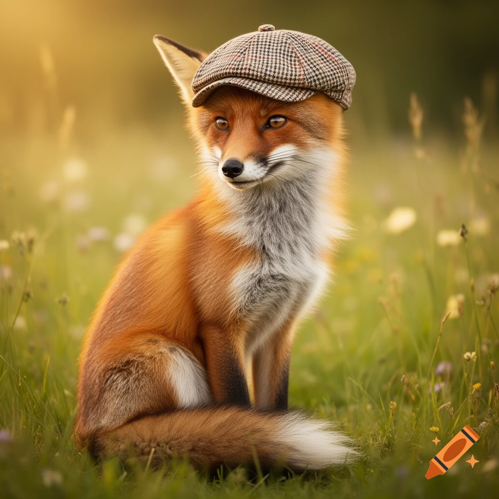 A photorealistic red fox wearing a brown plaid flat cap sits in a grassy field with wildflowers.