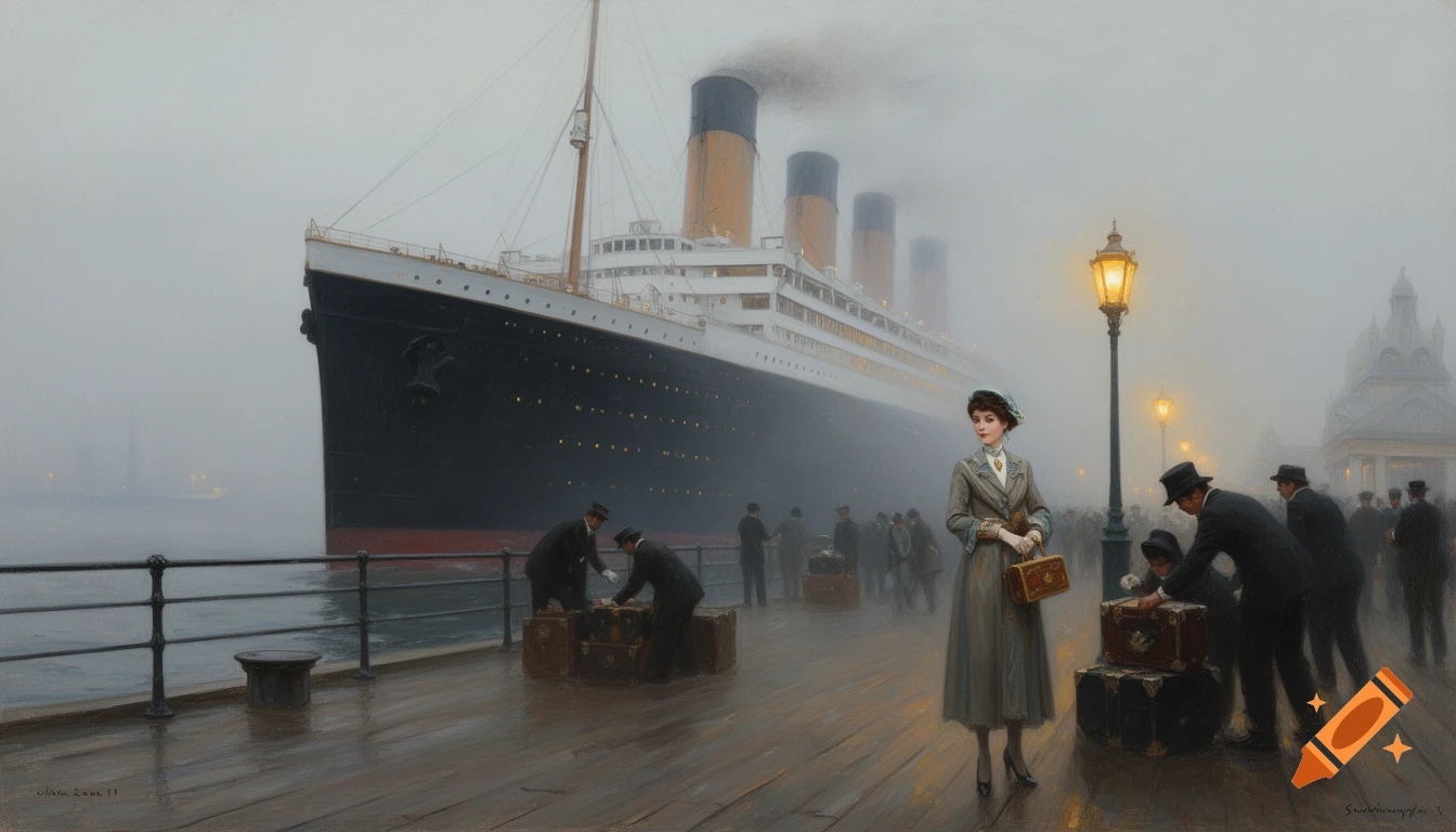 An oil painting of the Titanic at a foggy pier. A woman in a traveling suit watches porters load trunks, with gas lamps glowing.