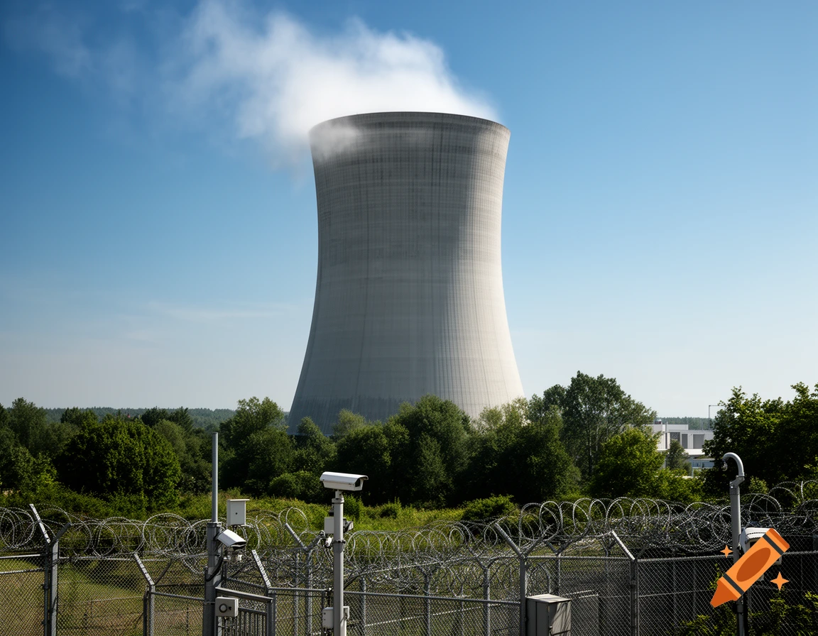 A large, grey nuclear cooling tower emits white steam against a clear blue sky, surrounded by green trees and a barbed wire fence with security cameras in the foreground.