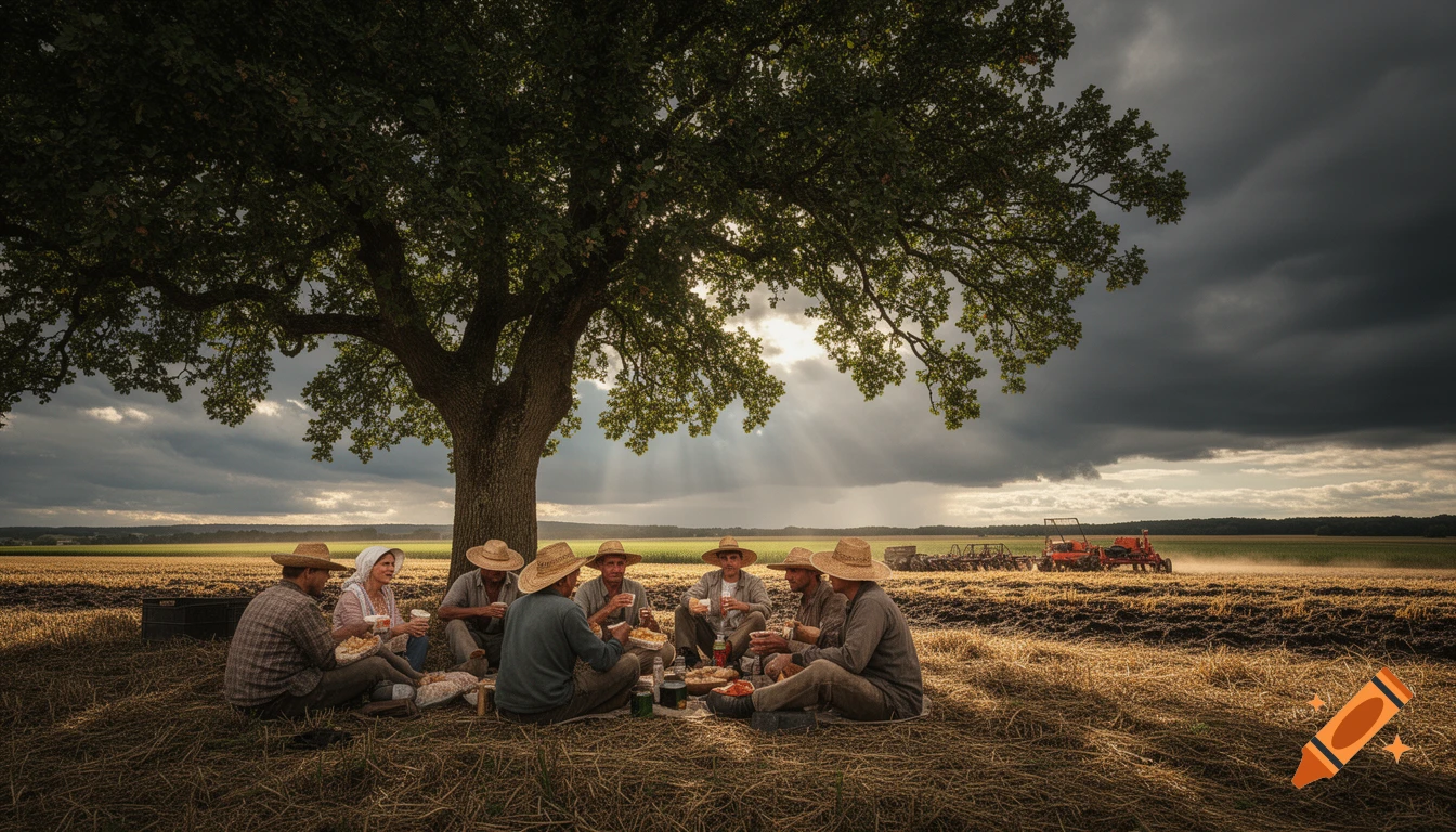 A group of farm workers in straw hats rests under a large tree in a field, eating and drinking, with a tractor in the distance under a dramatic sky.