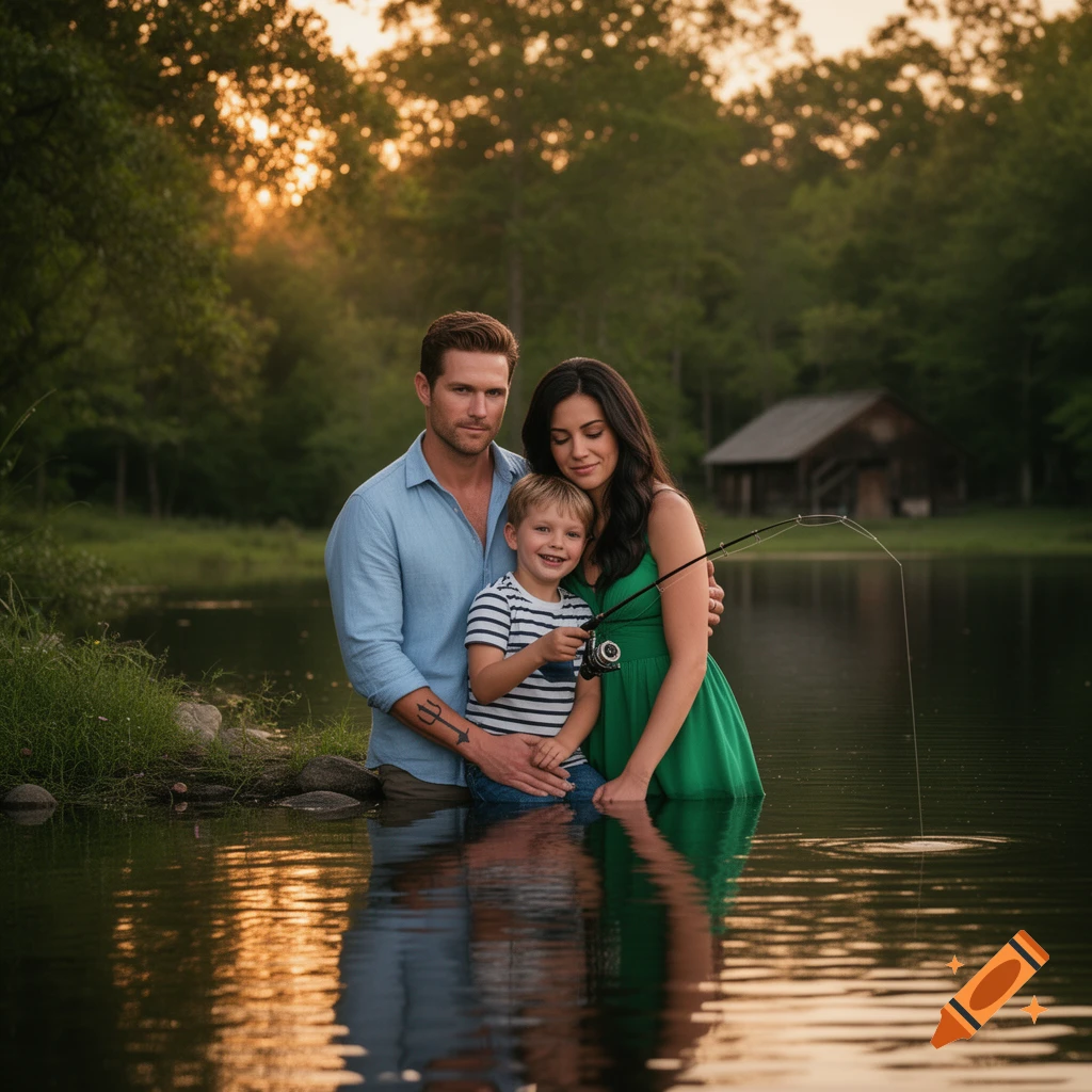 Photorealistic family portrait of a man, woman, and boy standing in a lake with a fishing rod at sunset.