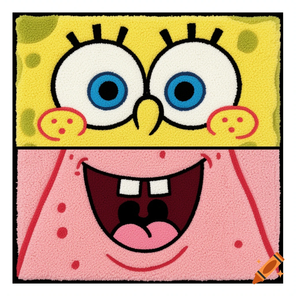 A tufting rug template showing SpongeBob's face (top) with big blue eyes and Patrick Star's smiling mouth (bottom).