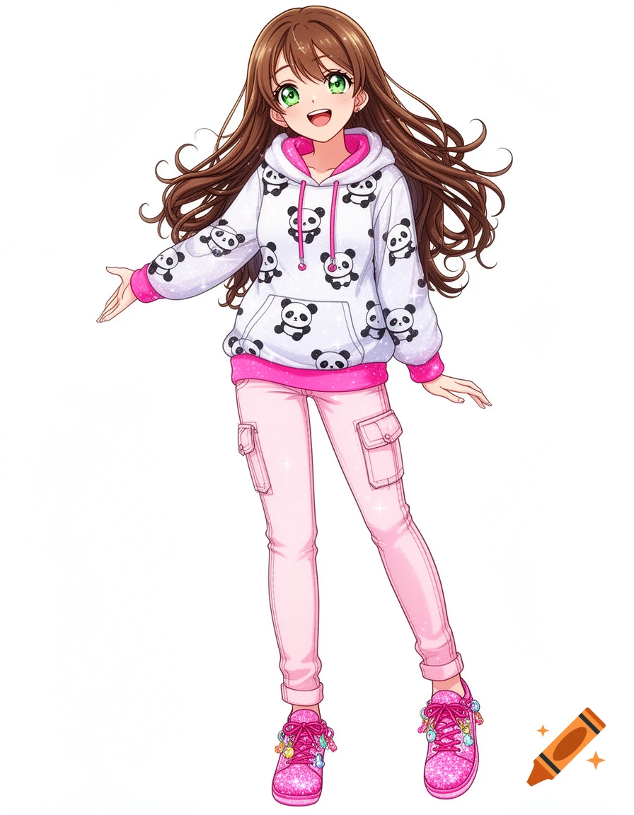 Anime-style young woman with long brown hair, green eyes, wearing a white panda hoodie, pink cargo pants, and sparkly pink sneakers.