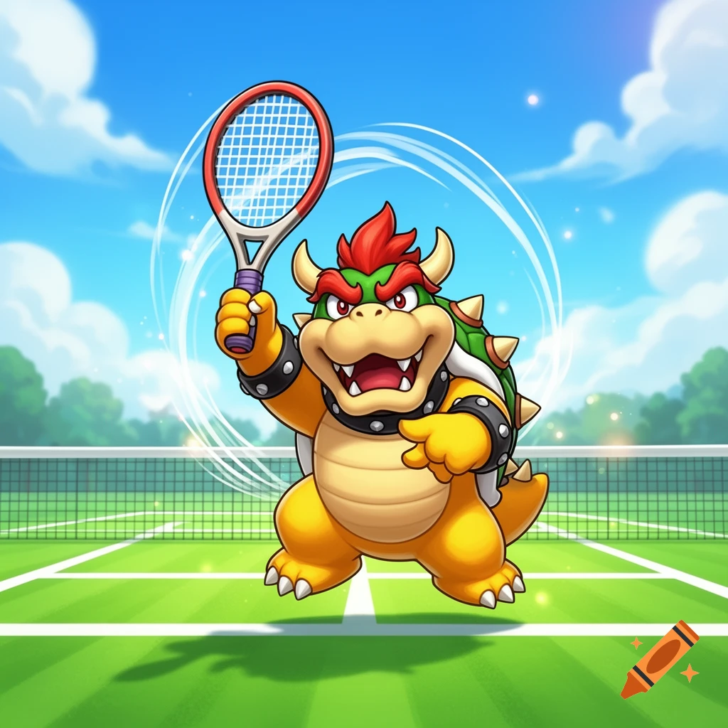 Colorful cartoon Bowser from Super Mario, swinging a tennis racket mid-action on a tennis court under a blue sky.