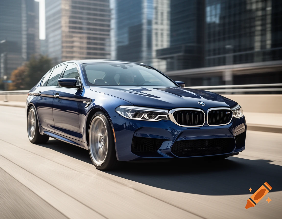 A dark blue BMW M5 sedan drives on a multi-lane road with city skyscrapers in the background, in a photorealistic style.