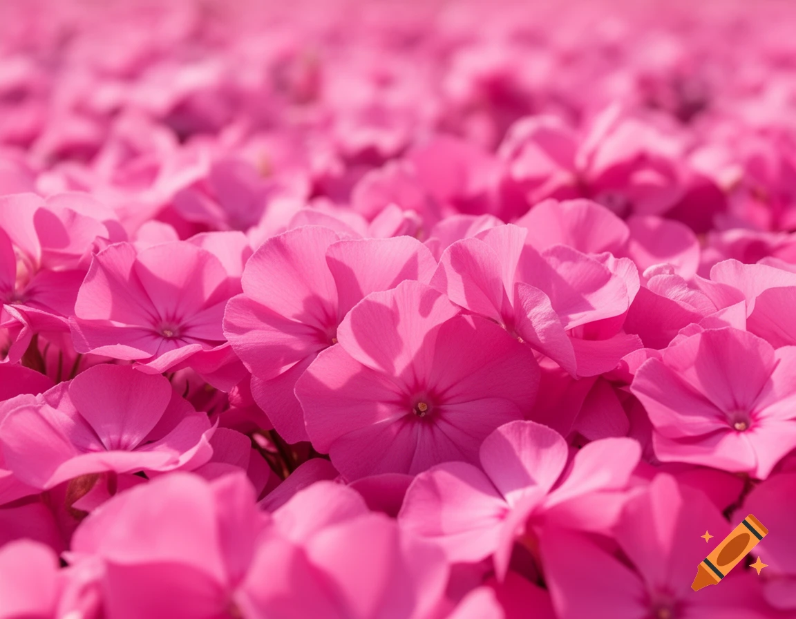 A vibrant field of numerous pink flowers filling the frame with a shallow depth of field, creating a soft, blurry background of more pink blossoms.