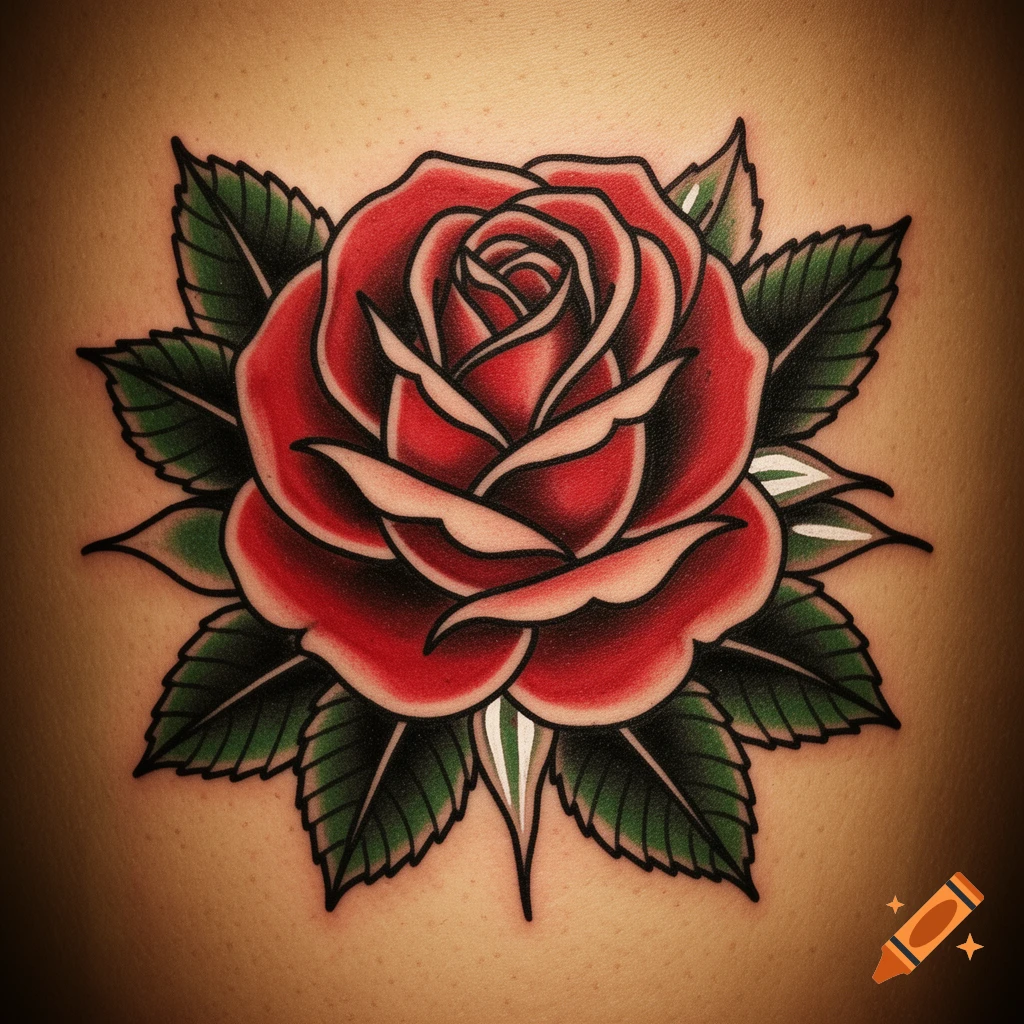 A vibrant American traditional style tattoo of a red rose with green leaves on light brown skin.