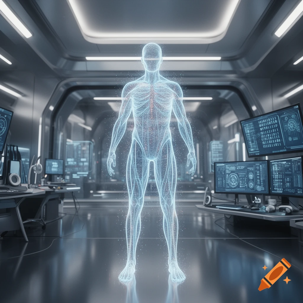 A glowing blue holographic human figure stands in a futuristic laboratory with multiple computer screens displaying data.