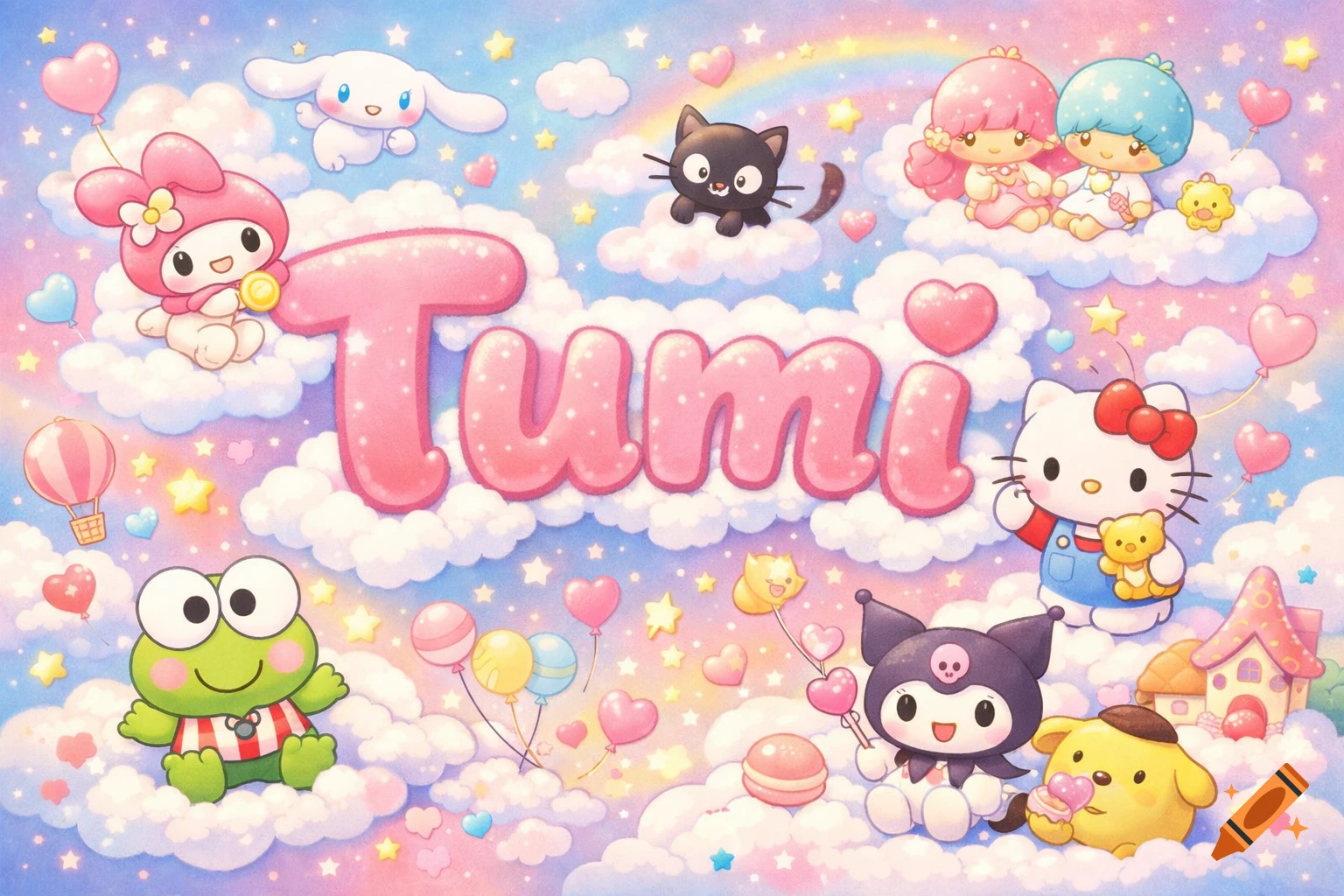 A vibrant, pastel illustration of various Sanrio characters like Hello Kitty and My Melody floating on clouds around the name 'Tumi' in bubbly pink letters.