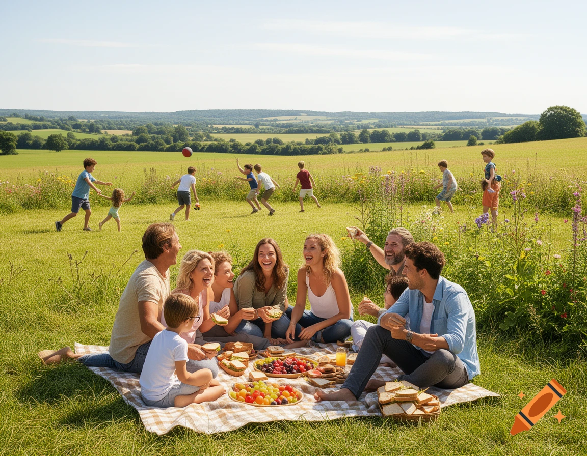 A large family enjoys a summer picnic and ballgames in a sunny, green field with rolling hills.