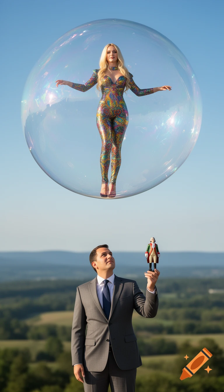 A man in a suit looks up at a blonde woman in a vibrant, full-body jumpsuit, floating inside a large, clear bubble against a blue sky. He holds a small historical figurine in his raised hand. Photorealistic.