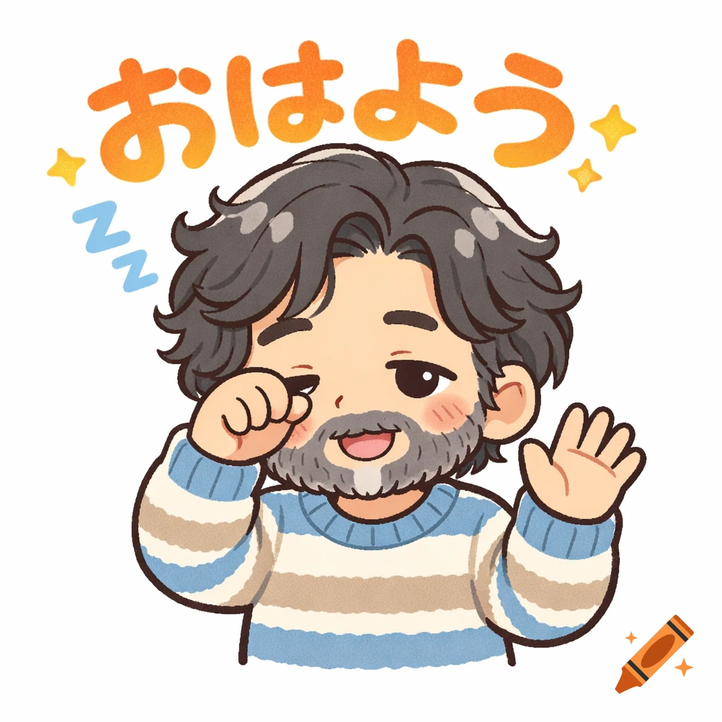 Kawaii illustration of a sleepy middle-aged Japanese man rubbing his eye, waving, with "おはよう" (Good morning) text and Zz's.