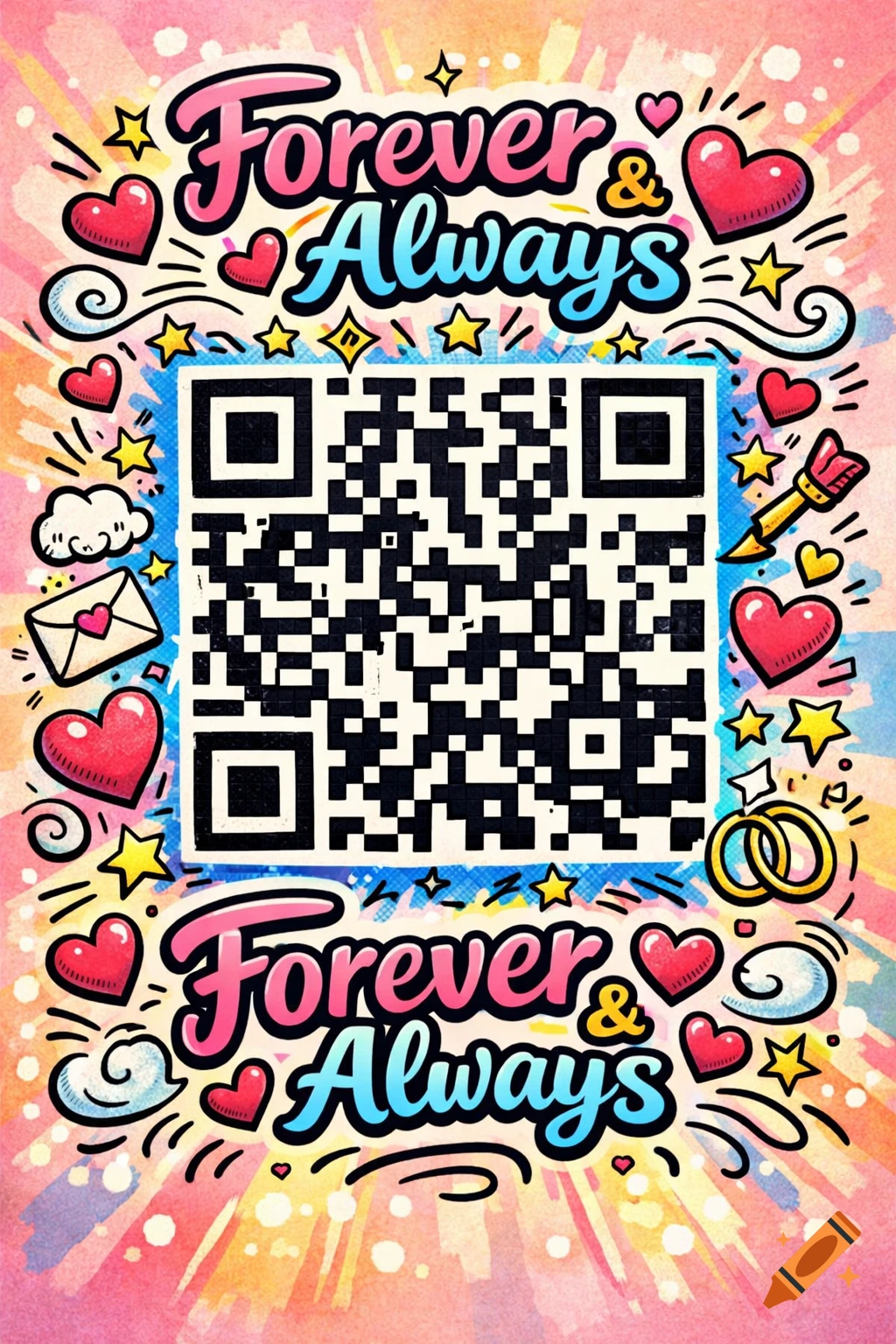 A vibrant comic-style image with a central QR code, decorative hearts, stars, and the text 'Forever & Always' at the top and bottom.