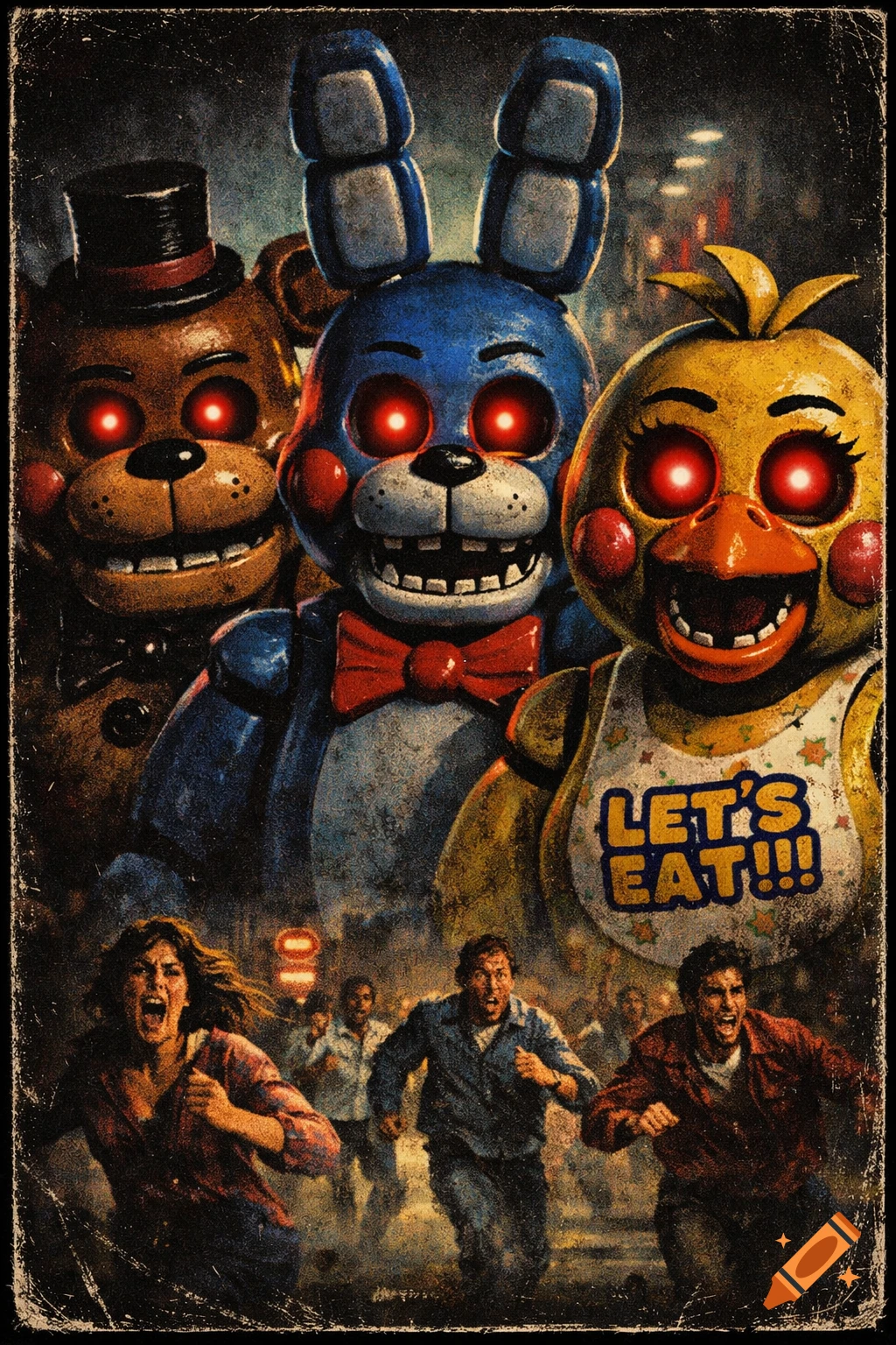 A vintage horror movie poster shows Toy Freddy, Toy Bonnie, and Toy Chica with glowing red eyes above people running in fear.