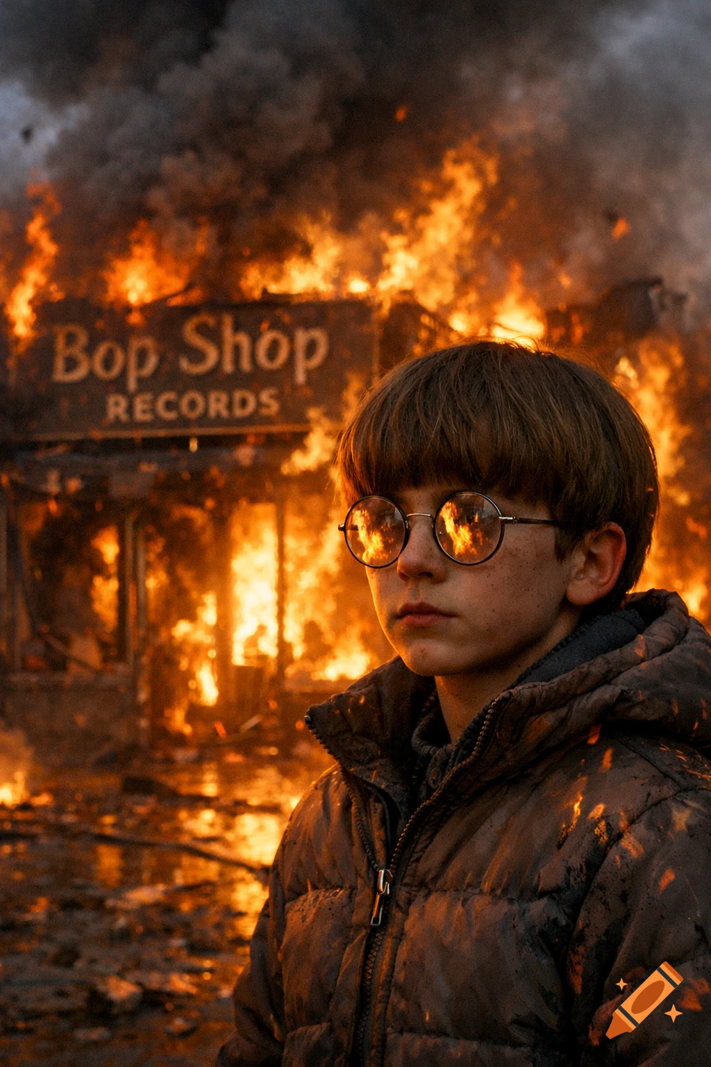 A boy in a winter coat and glasses stands in front of a burning "Bop Shop RECORDS" store, with fire reflected in his lenses.