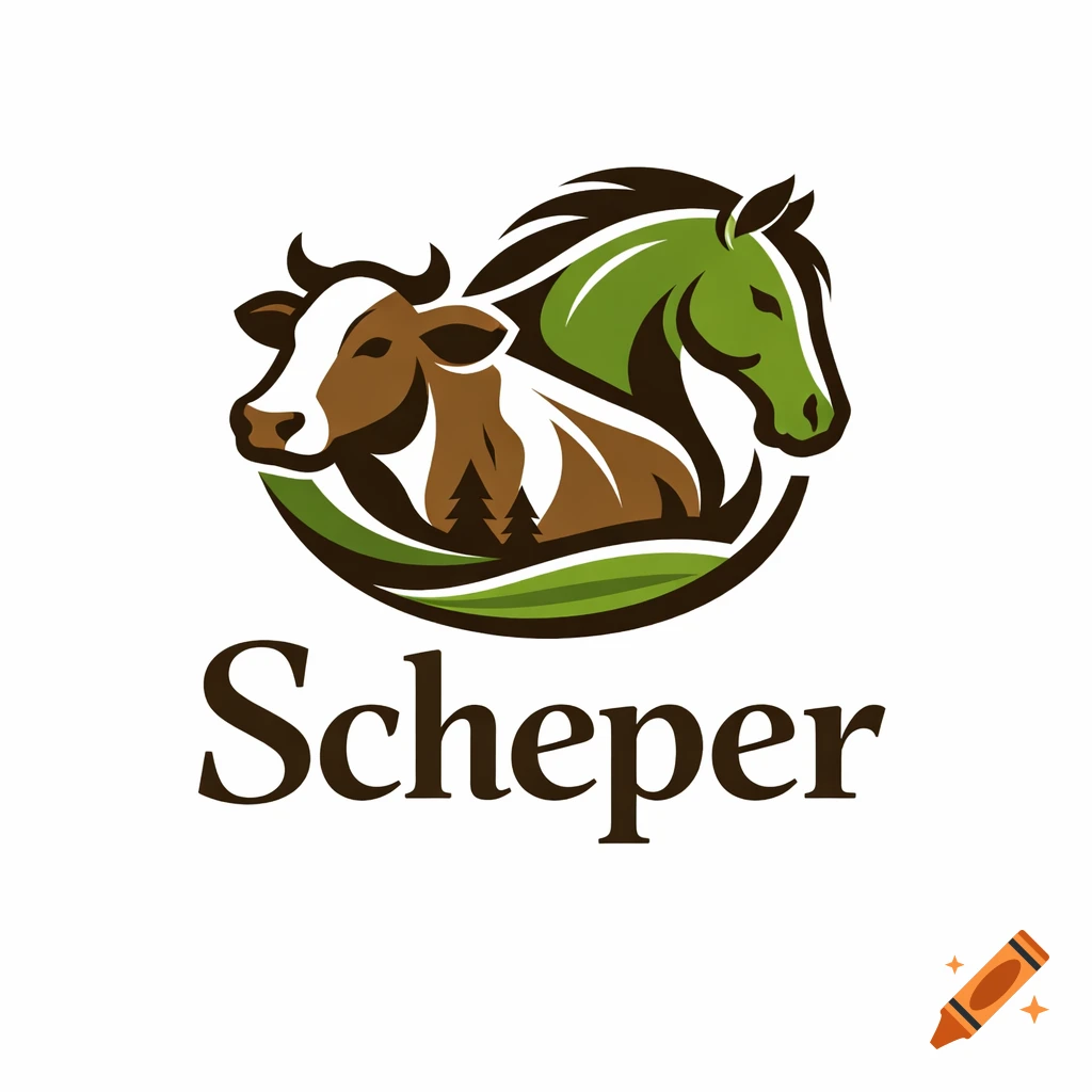 A stylized logo features a brown cow and a green horse head within a circular design with trees and grass, above the word "Scheper".